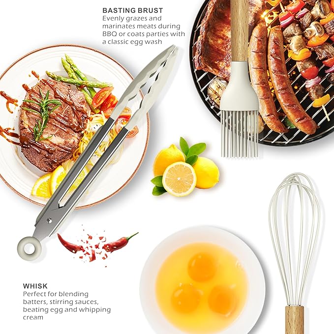 Silicone Cooking Utensils Set - 446°F Heat Resistant Silicone Kitchen Utensils for Cooking,Kitchen Utensil Spatula Set w Wooden Handles and Holder, BPA FREE Gadgets for Non-Stick Cookware (Khaki)-Ruum Studio Home