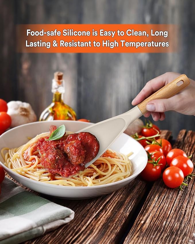Cooking Spoon for Nonstick Cookwares, Great for Cooking and Serving Sturdy BPA-Free Matte Silicone, Wood Handle Spoon for Mixing, Scoop, and Scrape (2 Pack of Khaki, 11.4 inch)-Ruum Studio Home
