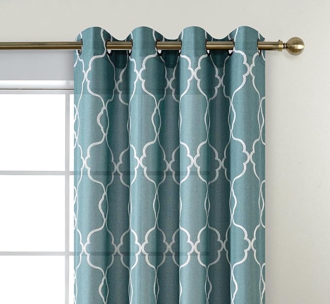MIUCO Moroccan Embroidery Semi Sheers Curtain Faux Linen Grommet Window Curtains for Bedroom 52 x 95 Inch 2 Panels, Teal-Ruum Studio Home