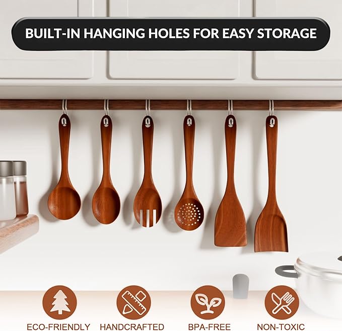 6-Piece Acacia Wood Cooking Utensil Set – Wooden Kitchen Pan Toolset for Nonstick Cookware – Includes Spoons & Spatulas – Non-Scratch, Eco-Friendly Cooking Tools – Everyday Use - Lifetime Replacements-Ruum Studio Home