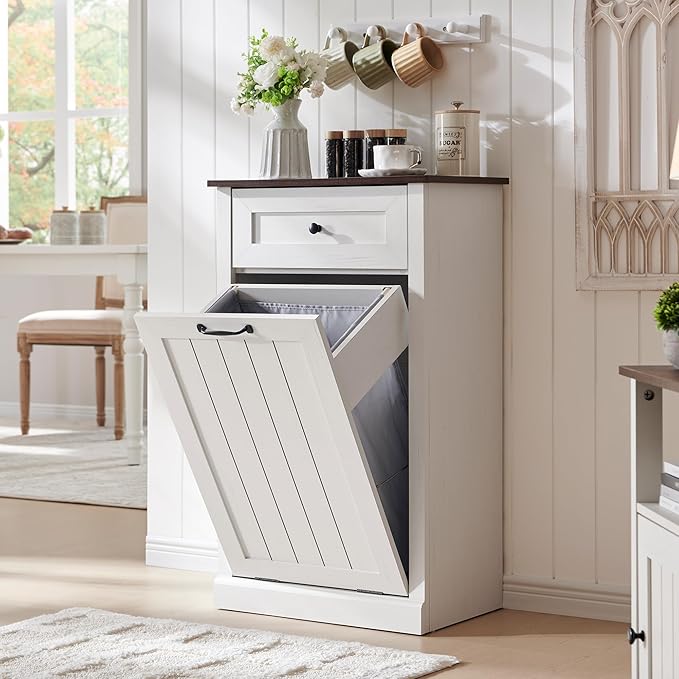 Tilt Out Laundry Hamper Cabinet, 10 Gallon Farmhouse Trash Can Cabinet with Drawer, Hidden Wood Garbage Can Bin Cabinet with Laundry Storage Basket for Bathroom, Kitchen, Antique White-Ruum Studio Home