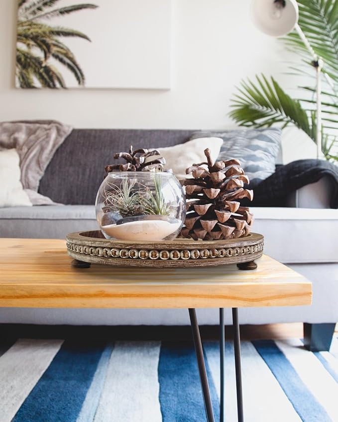 12 Inches Rustic Wooden Decorative Tray, Small Round Beaded Wood Tray for Kitchen Dinning Table Centerpiece Decor Entryway Living Room Home Decor, Brown-Ruum Studio Home