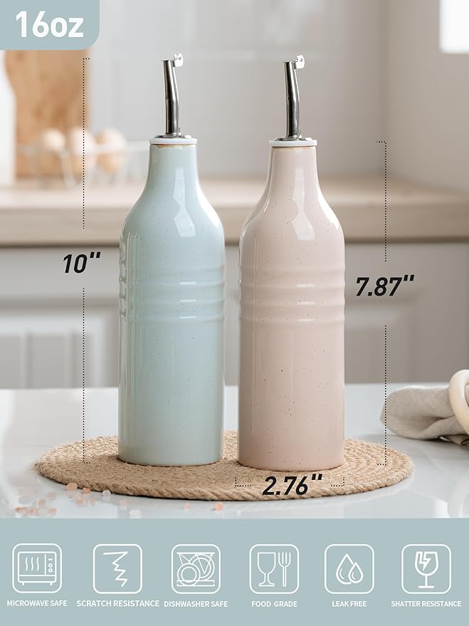 famiware Jupiter 16oz Ceramic Olive Oil Dispenser Bottle, Olive Oil and Vinegar Dispenser Bottle Set of 2 with Stainless Steel Pourers, Suitable for Storage Vinegar, Liquids, Light Blue & Light Pink-Ruum Studio Home