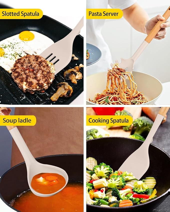 Silicone Kitchen Utensil Set for Non Stick Cookware, 7 Pcs Heat Resistant Cooking Utensils with Wooden Handle, BPA Free Kitchen Tools with Spatulas, Spoons, Skimmer and Pasta Fork (KHAKI)-Ruum Studio Home