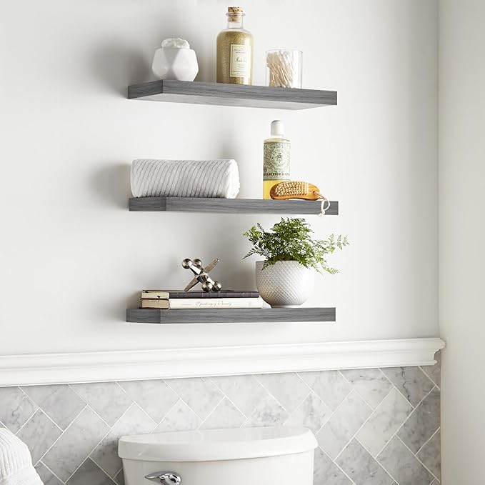 BAYKA Floating Shelves for Wall, 22.5 inches Wall Mounted Rustic Wood Shelves for Bathroom, Bedroom, Living Room, Floating Shelves for Books/Storage/Decor (Grey,Set of 3)-Ruum Studio Home