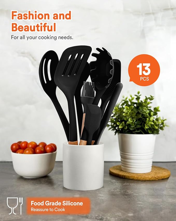Kitchen Utensils Set, 13PCS Silicone Cooking Utensils, Heat Resistant Kitchen Utensil Spatula Set for Nonstick Cookware, Wooden Handles Kitchen Gadgets Tools Set-Ruum Studio Home