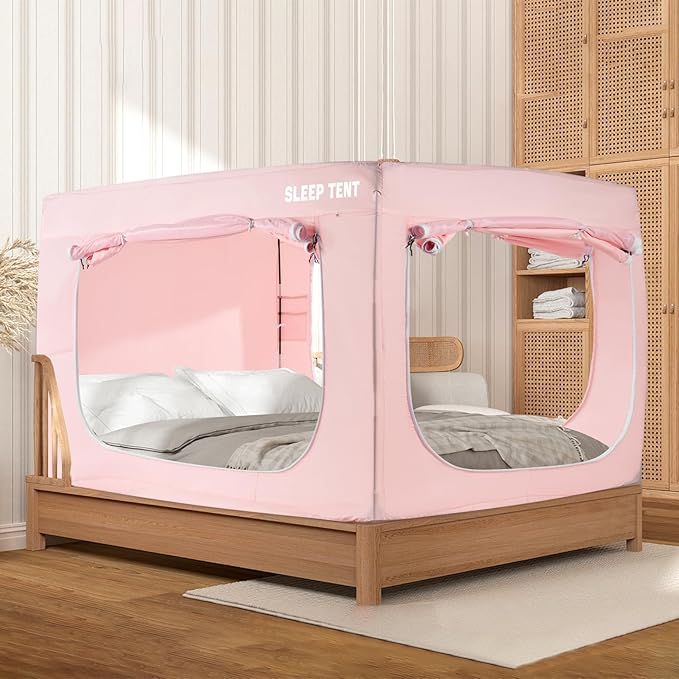 BORNA Bed Tent Full Bed Canopy for Indoor Portable Light Reducing Sleeping Canopy for Kids and Adult,Bunk Blackout Tents Breathable Privacy Space Tent Mosquito Netting for Bed(Macaron Pink)