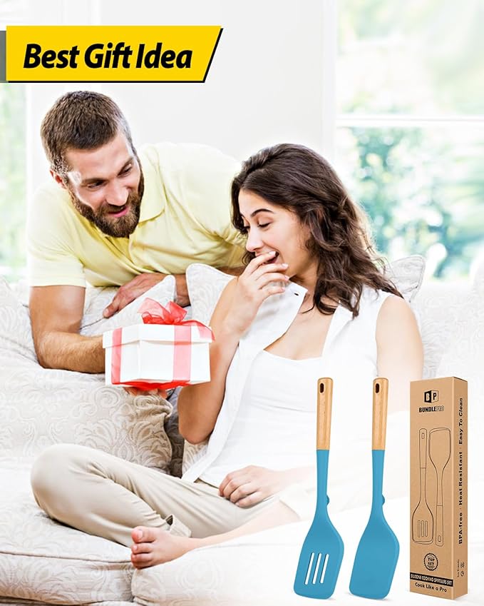 Pack of 2 Large Silicone Spatula, Heat Resistant Solid Turner, Non Stick Slotted Spatulas with Wooden Handle, Ideal Kitchen Utensils for Flipping, Pancakes, Eggs, Fish(BLUE)-Ruum Studio Home
