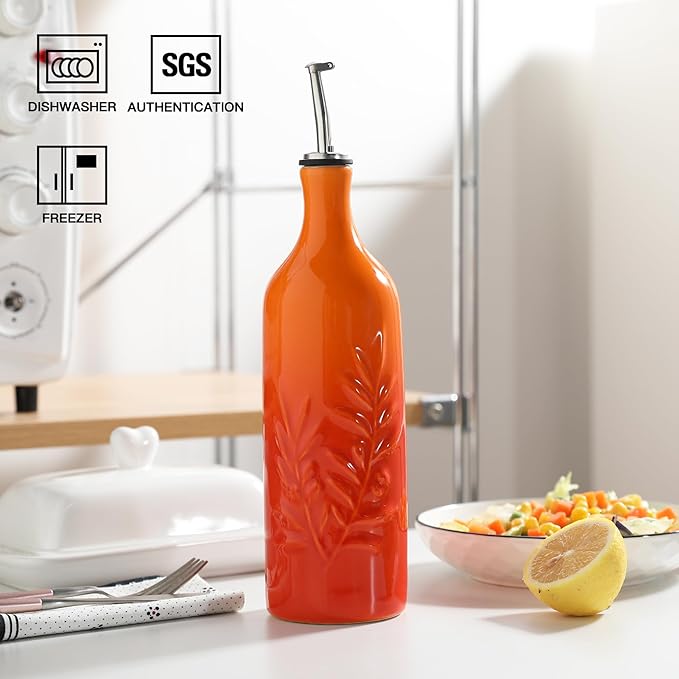 Sweejar Ceramic Olive Oil Dispenser Bottle, 24 Oz Relief Opaque Oil Cruet Protects To Reduce Oxidation, Suitable for Storage Soy Sauce, Coffee Syrup, Liquids, Set of 1 (Gradient Orange)-Ruum Studio Home