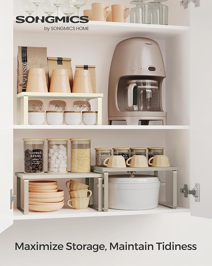 SONGMICS Cabinet Organizer Shelf, Set of 3 Kitchen Counter Shelves, Kitchen Storage, Spice Rack, Stackable, Expandable, Sand Beige UKCS220K01-Ruum Studio Home