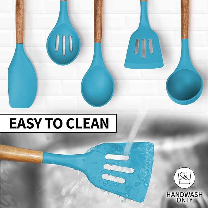 Zulay Kitchen Non-Stick Cooking Utensils Set with Authentic Acacia Wood Handles – 5-Piece Durable & Stylish Silicone Kitchen Utensils Set – Heat Resistant to 464°F – Blue-Ruum Studio Home