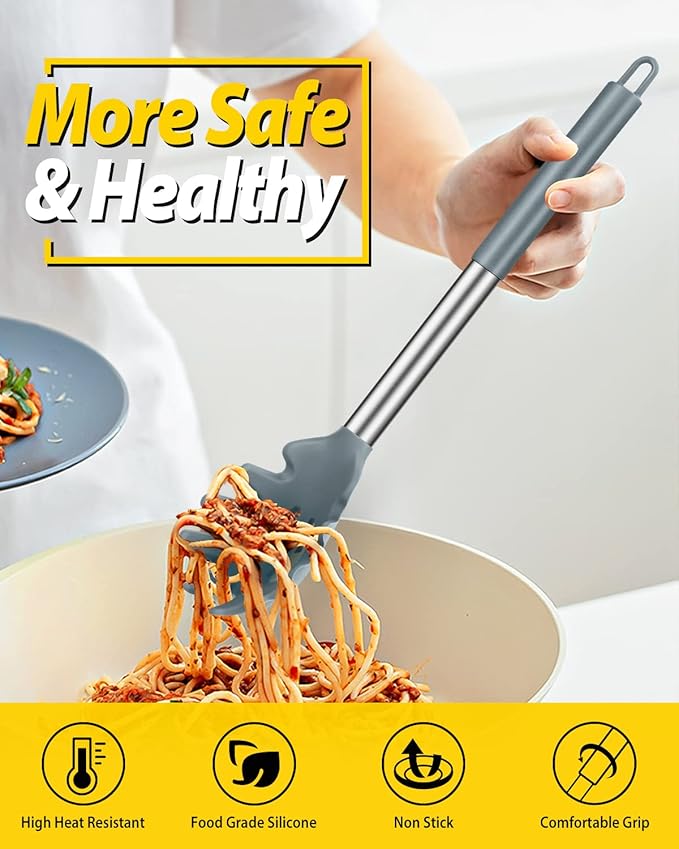 Silicone Pasta Fork and Ladle Spoon Set, Large Non Stick Kitchen Utensils for Cooking,Stirring,Serving Spaghetti, Soup, Sauce (GRAY)-Ruum Studio Home