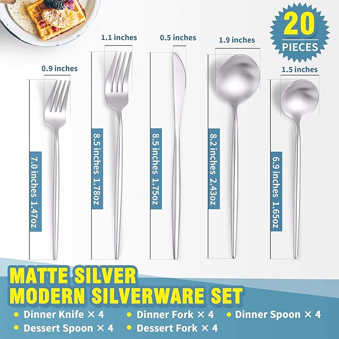 Matte Silverware Set for 4,Modern Stainless Steel Brushed Cutlery Set,20-Pieces Heavy Duty Flatware Set,Knives Spoons and Forks Set Utensils Set, Satin Finish, Dishwasher Safe-Ruum Studio Home