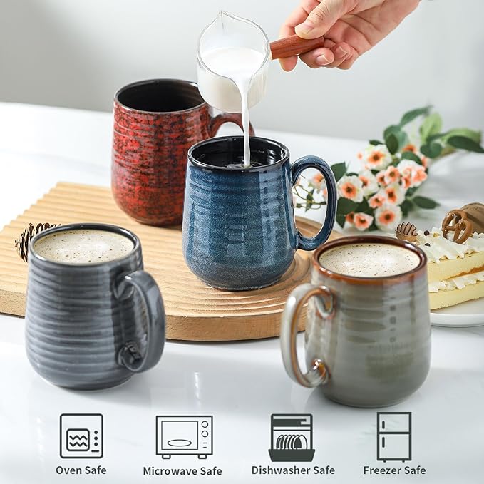 Hasense Coffee Mugs Set of 4, 12 Oz Stoneware Coffee Cups with Large Handle, Colorful Rustic Mug Set for Coffee, Tea, Coco, Latte, Dishwasher and Microwave Safe-Ruum Studio Home