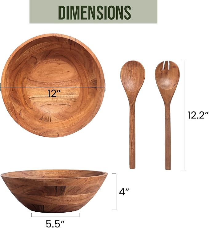 Luxe Designs Wooden Salad Bowl Set - Food Safe & Sustainable Decorative Bowl - Wood Bowl for Fruits, & Salads - Easy to Clean Large Salad Bowls Set w/Spoon, Fork – Wooden Bowls for Food (Natural)-Ruum Studio Home