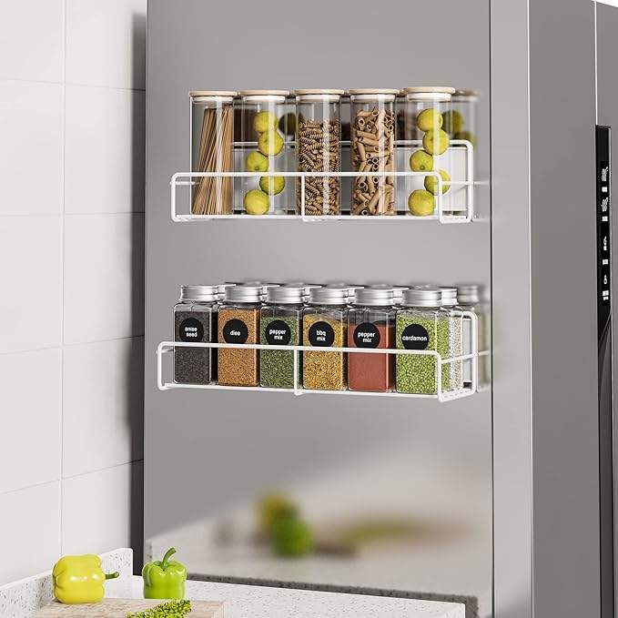 2 Pack White Magnetic Spice Rack Organizer, Space Saver for Refrigerator and Whiteboard, Metal Fridge Shelf for Kitchen and Classroom-Ruum Studio Home