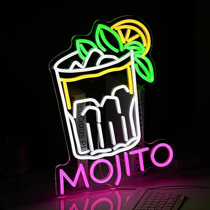 Mojito Neon Sign Mojito Cocktail Neon Light for Wall Decor Dimmable LED USB Powered Mojito Light Up Sign for Bar Club Party Home Bar Man Cave Living Room (16.7 * 12.8In)