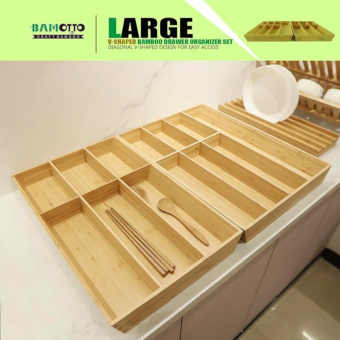 V-Shaped Extra Large Bamboo Drawer Organizer Set of 2, Kitchen Cutlery Tray Utensil Plate, Flatware&Silverware Storage Box, Wood Organizer for Bedroom, Living Room (19.6"x14.6" & 19.6"x12.4")-Ruum Studio Home