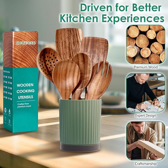 Wooden Spoons for Cooking 6 Piece - Natural Teak Wood Kitchen Utensils Set - Smooth Finish Soft Comfort-Grip Safe for Nonstick By HOWHONG-Ruum Studio Home