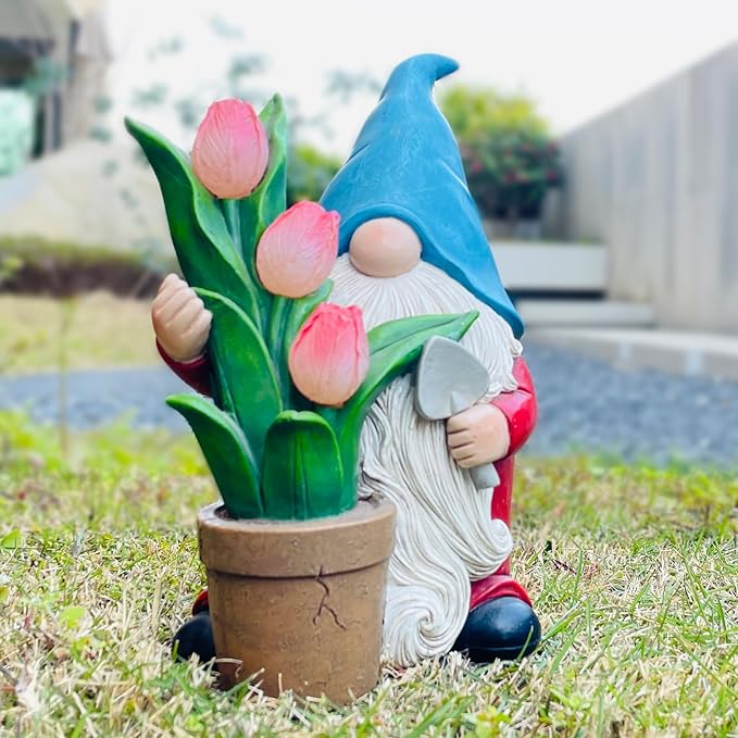 COWOS Garden Gnome Statue, Sculpture of a Dwarf Holding a Shovel and a Flower Pot, Solar Gnome Statues Outdoor Decor, Outside Lawn Patio Yard Ornament Gifts-Ruum Studio Home