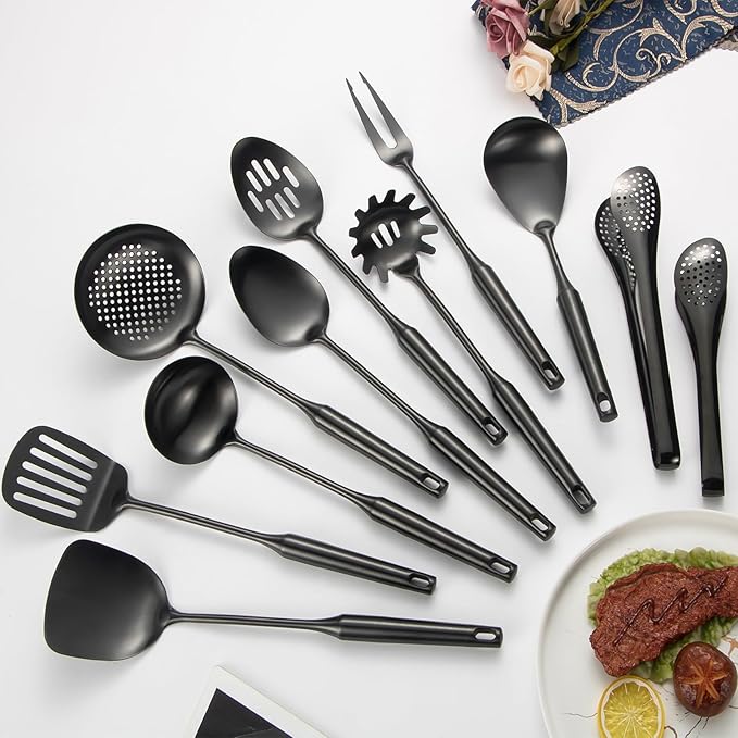 304 Stainlss Steel Matte Kitchen Utensils Set, 11 Pcs Long Metal Cooking Utensil Gadgets Tools Set with Spatula, Ladle, Spoon, Ladle, Skimmer, Tunner, Pasta Server, Tongs(Black, Dishwasher Safe)-Ruum Studio Home