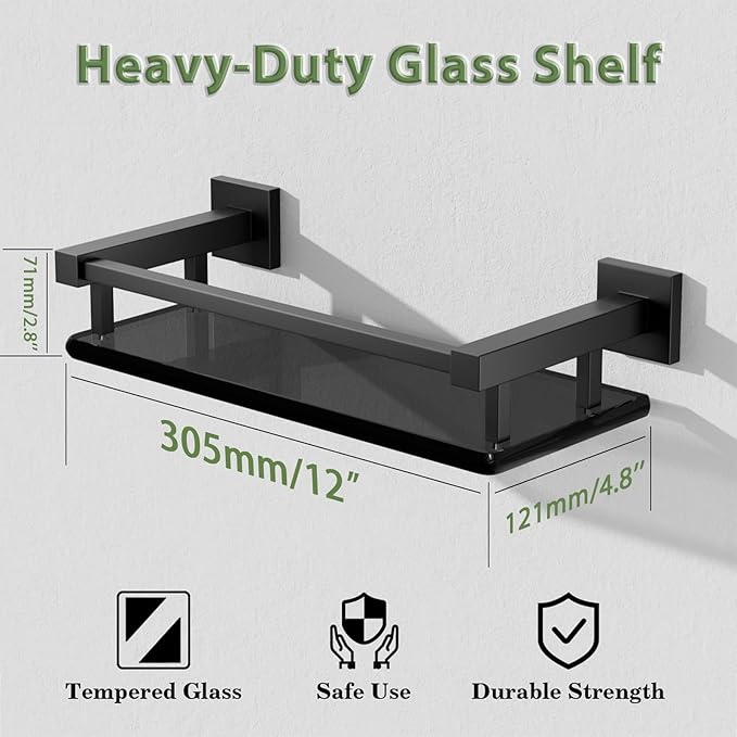 Alise Glass Shelves for Bathroom Wall, Tempered Glass Bathroom Shelf Wall Mounted, Modern Space Saving Floating Shelves 12 inch, Matte Black-Ruum Studio Home