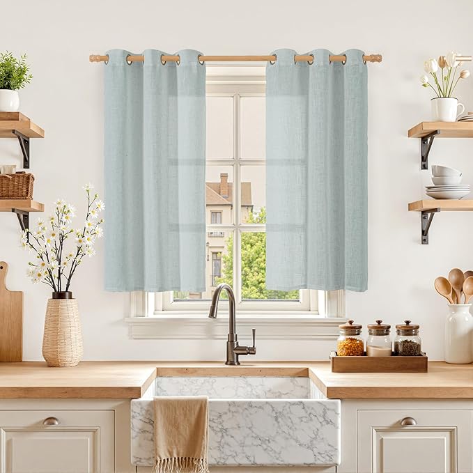 LAMIT Short Linen Curtains 40 Inches Long for Small Window, Bronze Grommet Linen Drapes Light Filtering Sheer Window Curtains for Kitchen, Set of 2 Panels (34 x 40 Inch, Greyish Blue)-Ruum Studio Home