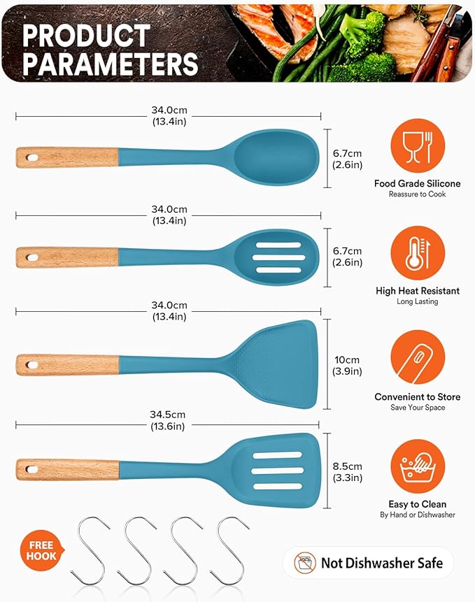 Silicone Cooking Utensils Set, Perfectly Angled for Frying, Mixing,Serving,Draining,Turning and Stirring, BPA-Free Matte Silicone, Wood Handles, Safe for Nonstick Cooking Surfaces,4 Pack (Blue)-Ruum Studio Home