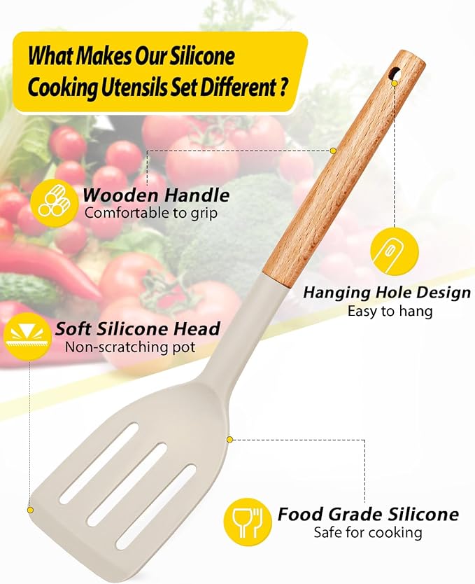 Pack of 4 Silicone Cooking Utensils Set, Non Stick Solid Spatulas and Heat Resistant Slotted Spoons with Wooden Handle, Ideal Wood Kitchen Utensils Set for Frying,Serving,Turning,Stirring (KHAKI)-Ruum Studio Home