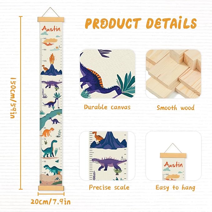 Personalized Name Growth Chart Wall Decor for Kids – Canvas Removable Height Chart Measuring Ruler 59" x 7.9" (Dinosaurs)-Ruum Studio Home