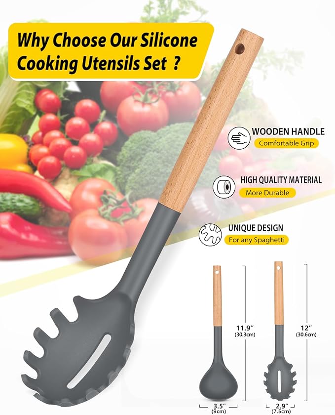 Silicone Pasta Fork and Ladle Spoon Set with Wooden Handle, Heat Resistant Non Stick Kitchen Utensils for Cooking, Stirring, Serving Spaghetti, Soup, Sauce(GRAY)-Ruum Studio Home