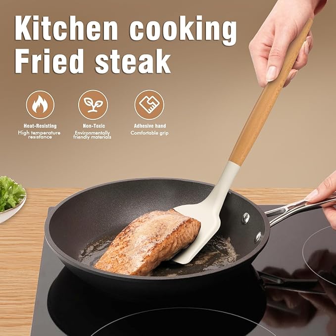 Silicone Cooking Utensils Set - Silicone Kitchen Utensils for Cooking Wooden Handles, 446°F Heat Resistant Kitchen Utensil Spatula Sets w Holder, Gadgets for Non-Stick Cookware BPA FREE (Cream White)-Ruum Studio Home