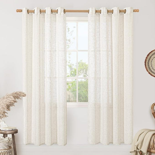LAMIT Cream Linen Curtains 80 inches Long 2 Panels Set, Sheer White Light Filtering Neutral Drapes with Bronze Grommet for Bedroom/Living Room, 52 x 80 Inch-Ruum Studio Home