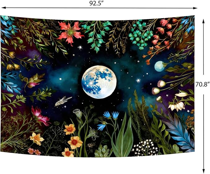 Delur Moonlit Garden Tapestry Boho Moon Floral Plant Tapestry Wall Hanging Colorful Flower Botanical Nature Night Landscape Headboard for Bedroom Living Room Home Decor (70.8" x 92.5")-Ruum Studio Home