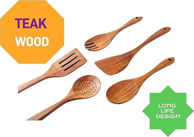 6 PCS Wooden Spoons for Cooking - Teak Wooden Cooking Utensils Set with Holder - Non-Stick, Soft Grip, Ergonomic Design - Natural Finish-Ruum Studio Home