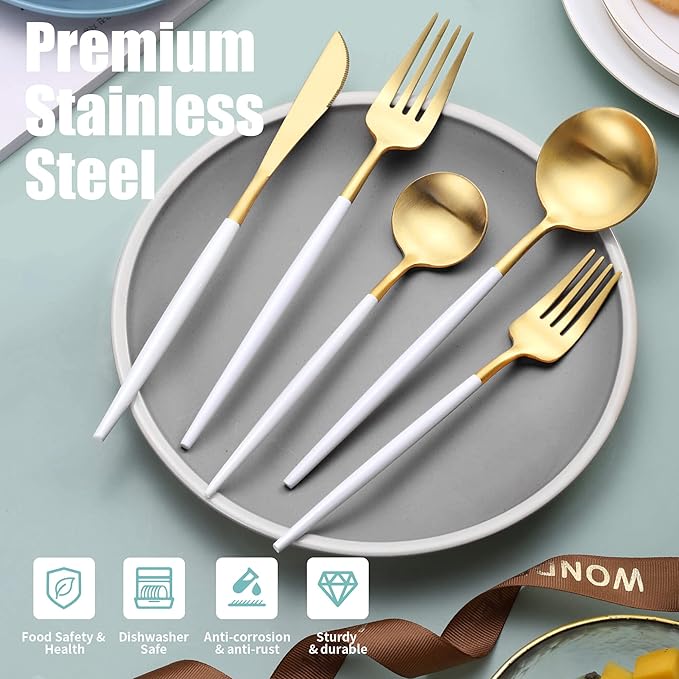 Matte White Gold Silverware Set for 6,Modern Stainless Steel Brushed Cutlery Set,30-Pieces Heavy Duty Flatware Set,Knives Spoons and Forks Set Utensils Set, Satin Finish, Dishwasher Safe-Ruum Studio Home
