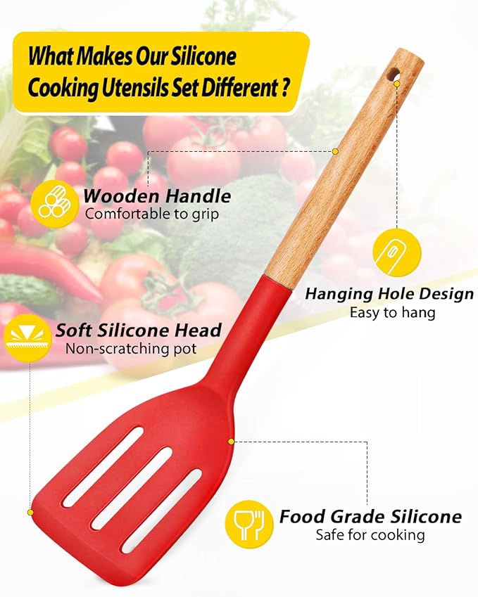 Pack of 4 Silicone Cooking Utensils Set, Non Stick Solid Spatulas and Heat Resistant Slotted Spoons with Wooden Handle, Ideal Wood Kitchen Utensils Set for Frying,Serving,Turning,Stirring (RED)-Ruum Studio Home