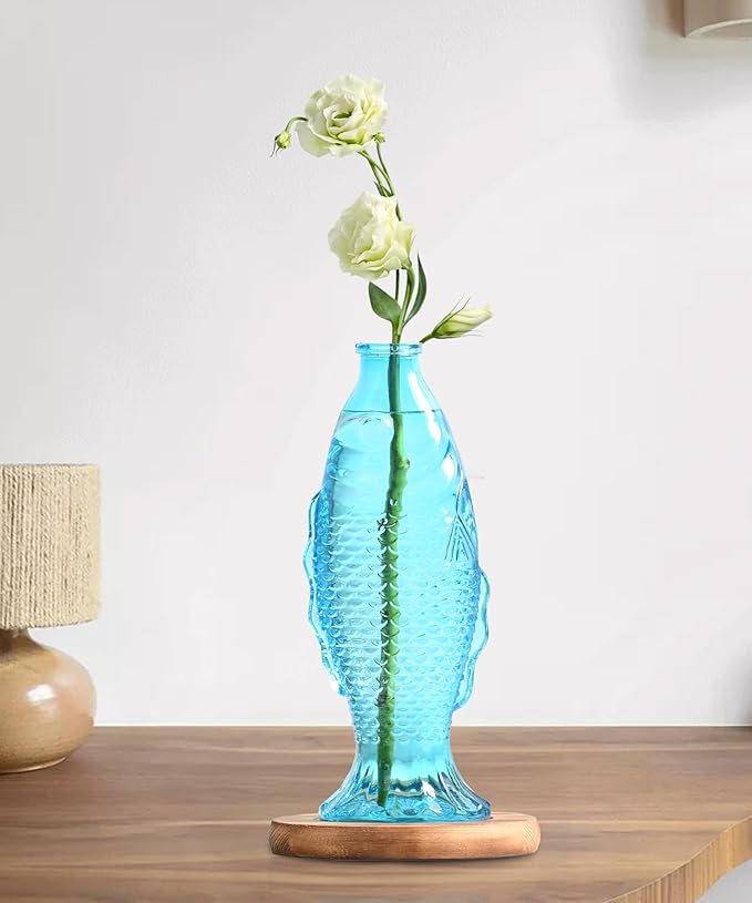 Nacome Fish Vase Glass Plant Terrarium with Wooden Stand,Planter Propagation Station for Home Office Hydroponics Desk Decoration,Unique Gardening Gifts for Plant Lovers Women Mom(Blue)-Ruum Studio Home