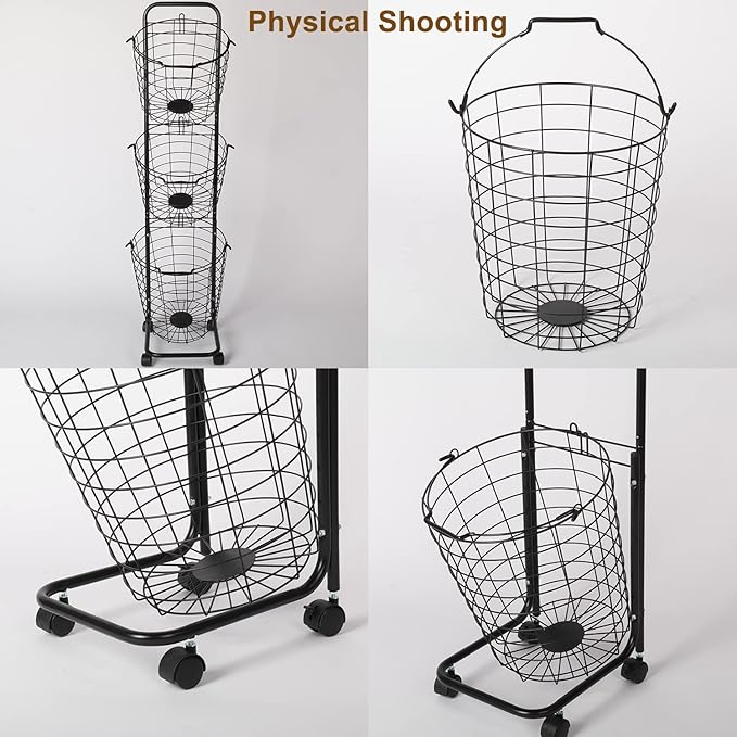 3 Tier Laundry Basket with Rolling Lockable Wheels Wire Metal Sorter Storage Trolley Shelf Basket Durable Metal Sorter Clothes Storage Trolley Shelf with Removable Hamper for Organizing Clothes-Ruum Studio Home