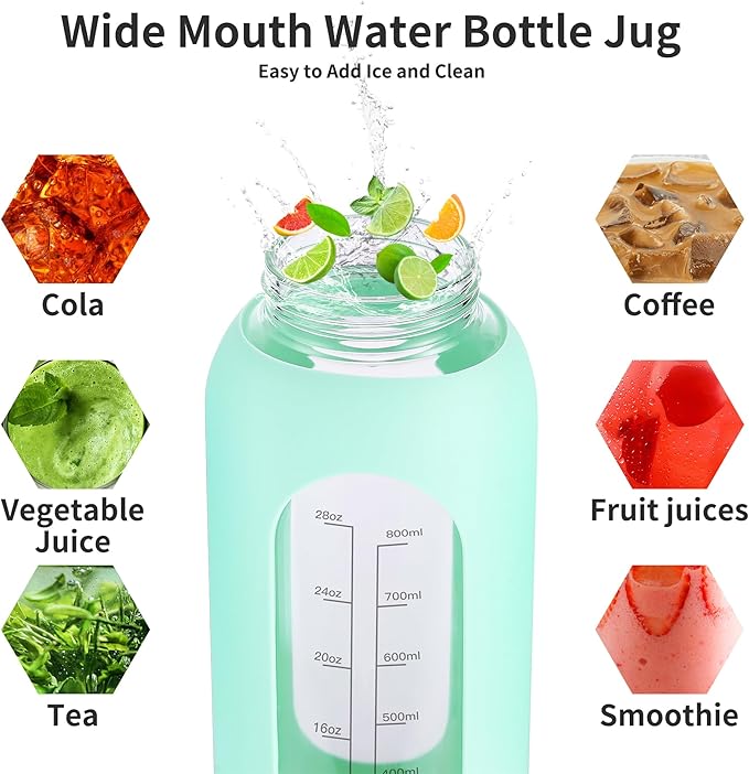 32 oz Glass Water Bottle with Straw and Handle, Sports Motivational Water Flask with Silicone Sleeve, Large Leakproof Water Flask Cup with Time Marker for Travel, Gym, Beige-Ruum Studio Home