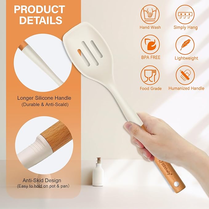 Large Silicone Cooking Spoon Set, 2 Pack Solid Slotted Spoon with Wooden Handle, Nonstick Silicone Kitchen Spoons for Cooking, Heat Resistan Spatula Set for Serving, Basting, Mixing (White)-Ruum Studio Home