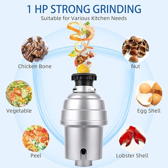 Powerful 1HP Stainless Steel Garbage Disposer, Dishwasher-Friendly and Continuous Feeding Waste Disposer, Grinding Material Four-Stage Grinding, Silver-Ruum Studio Home
