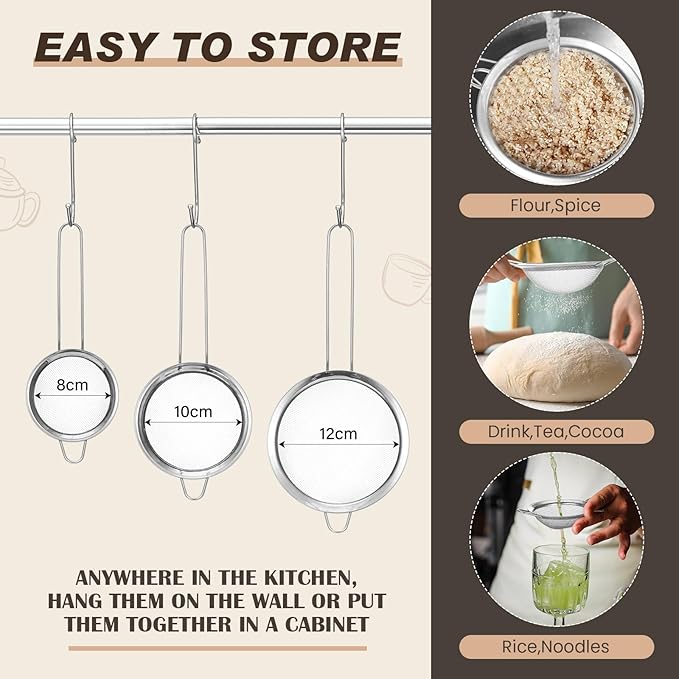 Norme 4 Quart Stainless Steel Silver Colander and 3 Pcs Silver Fine Mesh Strainer, Stainless Steel Pasta Rice Food Metal Strainer with Handles, Easy Clean and Dishwasher Safe-Ruum Studio Home