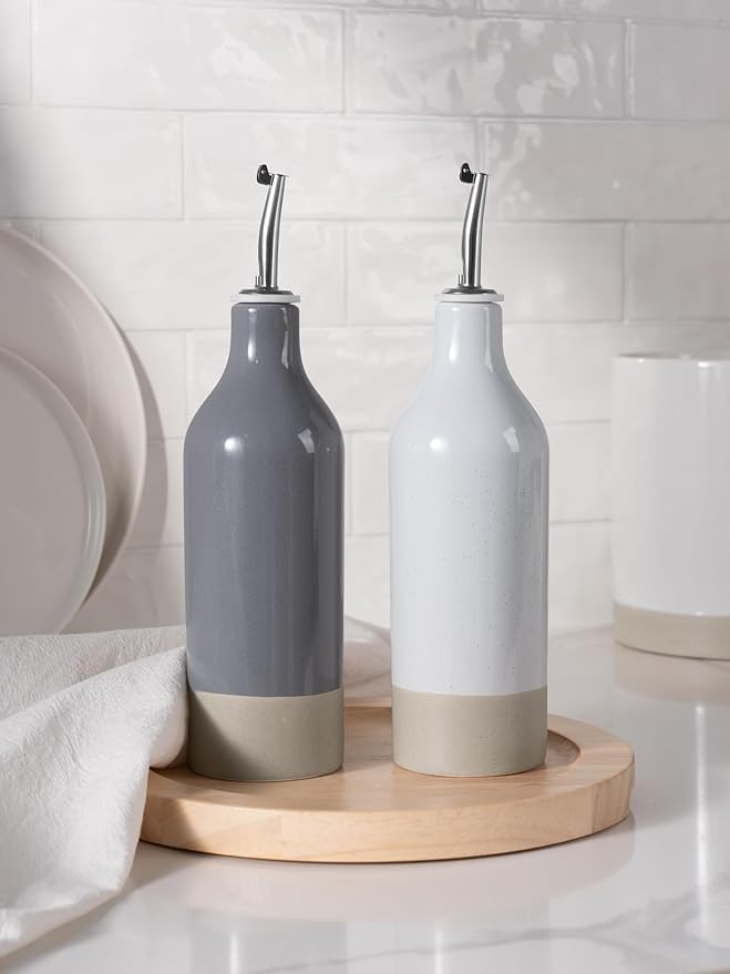 famiware Milkyway 16oz Ceramic Olive Oil Dispenser Bottle, Olive Oil and Vinegar Dispenser Bottle Set of 2 with Stainless Steel Pourers, Suitable for Storage Vinegar, Liquids, Light Gray and Dark Gray-Ruum Studio Home