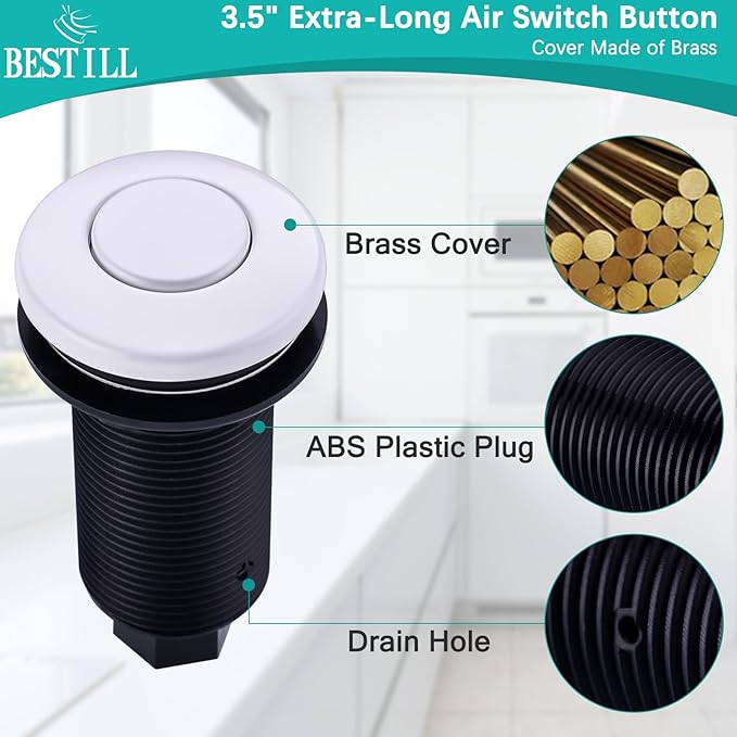 BESTILL Garbage Disposal Air Switch Kit - UL Listed, Cordless Sink Top Switch Button for Waste Disposer, 3.6" Long Push Button with Brass Cover, White, Compatible with all Garbage Disposals-Ruum Studio Home