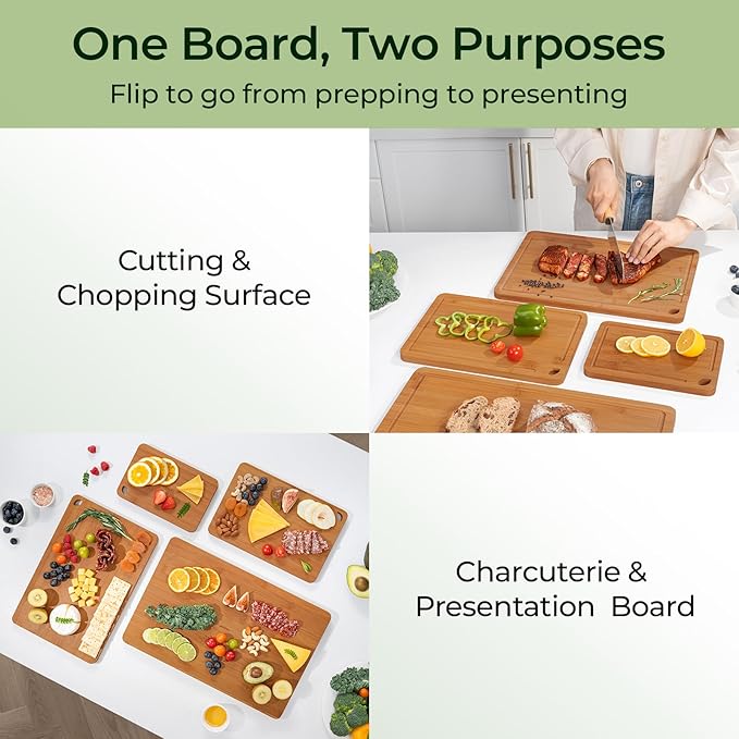 4-Pcs Natural Wood Cutting Board Set Kitchen Tools with Juice Groove, Wooden Chopping Board for Meat, Fruit, Vegetables & Cheese (Pre Oiled, Natural)-Ruum Studio Home