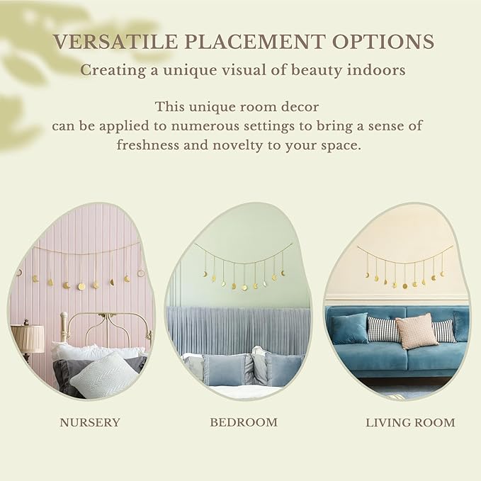 Mkono Moon Phase Wall Hanging Boho Aesthetic Room Decor Metal Moons Garland Hanging Art Bohemian Home Decoration for Girls Room Nursery Bedroom Livingroom Dorm, Ideal, Gold, 50"-Ruum Studio Home