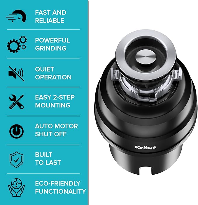 KRAUS WasteGuard 1 HP Ultra-Quiet Garbage Disposal with Quick Connect, Kitchen Sink Drain Cover, Power Cord and Flange Included, KWD100-100MBL-Ruum Studio Home