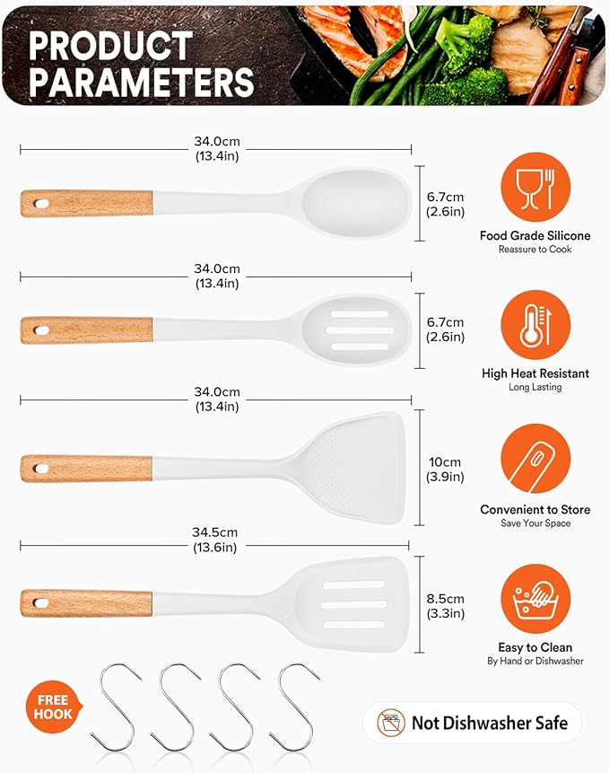 Silicone Cooking Utensils Set, Perfectly Angled for Frying, Mixing,Serving,Draining,Turning and Stirring, BPA-Free Matte Silicone, Wood Handles, Safe for Nonstick Cooking Surfaces,4 Pack (White)-Ruum Studio Home