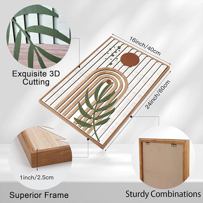 Large Boho Mid Century Wood Wall Art Set Modern Bohemian Wooden Wall Decor Minimalist Leaf Art Decor Abstract Geometric Wall Sculptures for Living Room Bedroom Office-16x24Inchx3-Ruum Studio Home